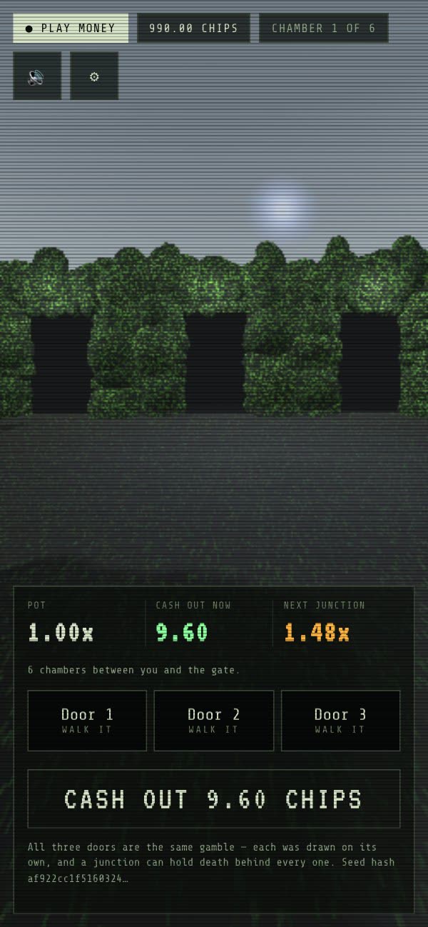 A chamber in the foggy hedge maze with all three doors in view, and the pot, the cash-out value and the next junction shown below.