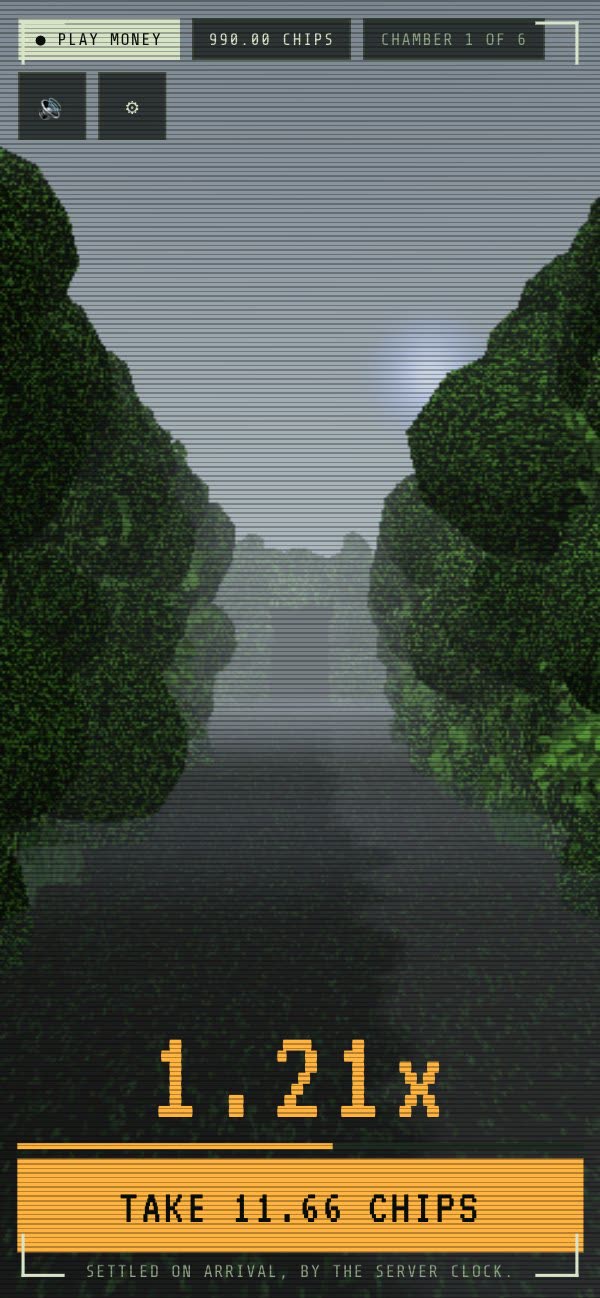 Walking a corridor in the fog. The value reads 1.21x, with a button to take 11.66 chips.