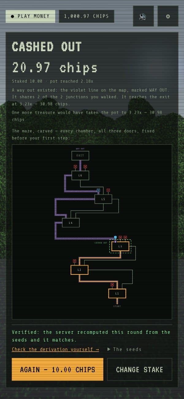 The end of a round: cashed out, with a map of every chamber and all three doors of each, and the way out traced in violet.